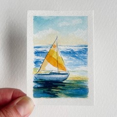 ACEO Original Watercolor Sailboat painting OOAK First Light LUNX art 2.5 X 3.5