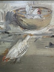 French School Oil Painting on Panel, Chestnut Wood, “The Rooster and Hens”