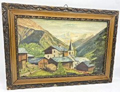 Antique french oil painting signed Hoehe dated 1951 mountain village