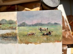 Cows oil painting signed small Victorian summer art rural landscape wall decor