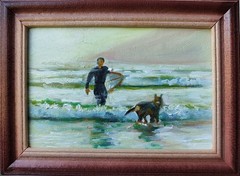 Ocean Surf Coastal Wall Art Small Framed Painting Surfing Gift Man and Dog Ar