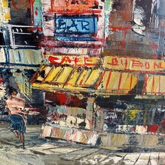 Vintage French Street Scene oil painting On Canvas signed Charon framed X L 40”