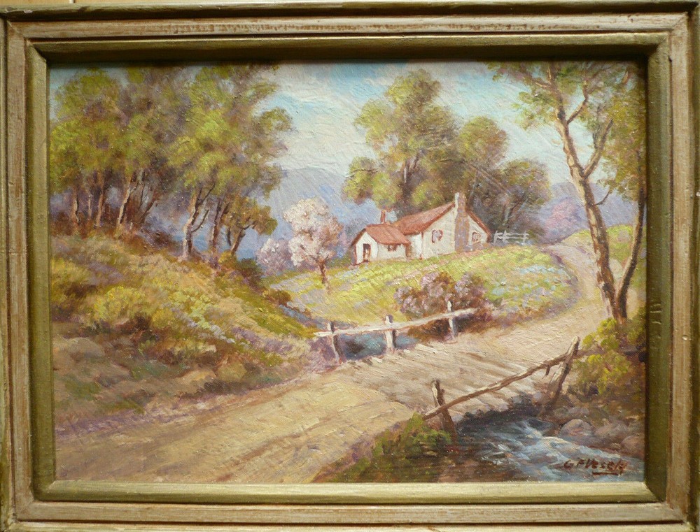 Godfrey Vesely LISTED CALIFORNIA CALIF OIL CREEK COTTAGE IMPRESSIONIST LANDSCAPE