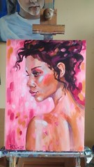 Acrylic original painting on panel with brunette woman portrait on the pink back