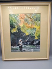 Framed Watercolor Painting Of Fly Fishing In The River 17.5″x21″