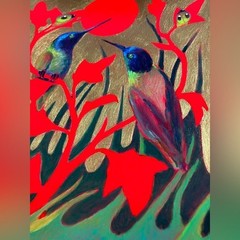 Original Hummingbird painting Art Gold Red Birds Unique gift surreal Artettina
