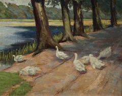 Philipp Jakob Erlanger Signed Oil Painting on Cardboard, 1923 Ducks by the Lake