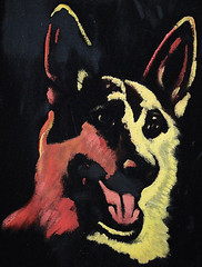 Vtg GERMAN SHEPHERD DOG Original BLACK VELVET OIL PAINTING Carved Wood Frame 25″