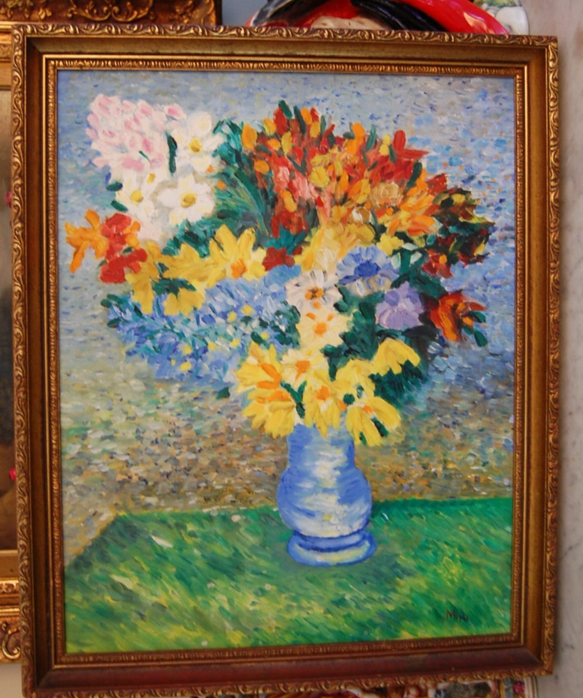 VTG FRAMED ORIGINAL OIL STILL LIFE OF MULTICOLOR FLOWERS ON VASE #2 ARTIST: MIMI