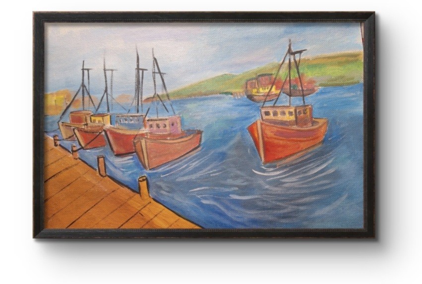 Original Signed Bold Harbor Boats Acrylic Art Impressionist Paper