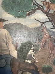 Orig. Vintage Western Hunting Painting Hunter Cowboy Bobcat Cougar Hunting Dogs