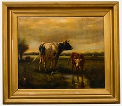 Henry Schouten (1857-1927) – Framed Early 20th Century Oil, Cows by a Pond