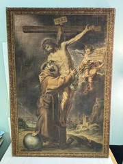 Lg Antique Oil on Canvas After Murillo St. Francis Embracing Christ Catholic