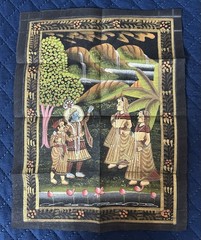 (BL) India vintage hand painting on cloth Krishna & Gopi 9.5 x 12.5 Inches