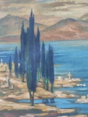 Impressionist Painting Landscape Sea Artificial Lake 1970