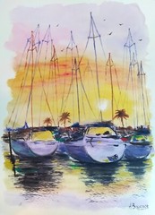 Original watercolor painting Sunset in the harbor 24 x 31 cm