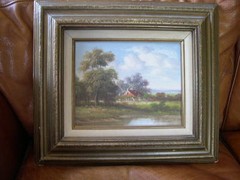 PASTORAL FARM SCENE OIL ON CANVAS LANDSCAPE SCENE BY LATE JOHN POLLINS RARE FIND
