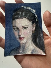 Original Watercolor ACEO Girl Portrait With Bow Miniature 2.5×3.5”