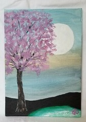 acrylic painting on 5×7 canvas board of the pink tree and moon in muted pastel 