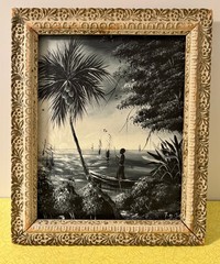 Vintage Signed Caribbean Seascape Painting Fisherman in Canoe Ornate Frame