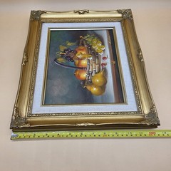 Vintage Still Life Oil Painting Fruit Basket Apple Pear Grapes Framed Art Signed