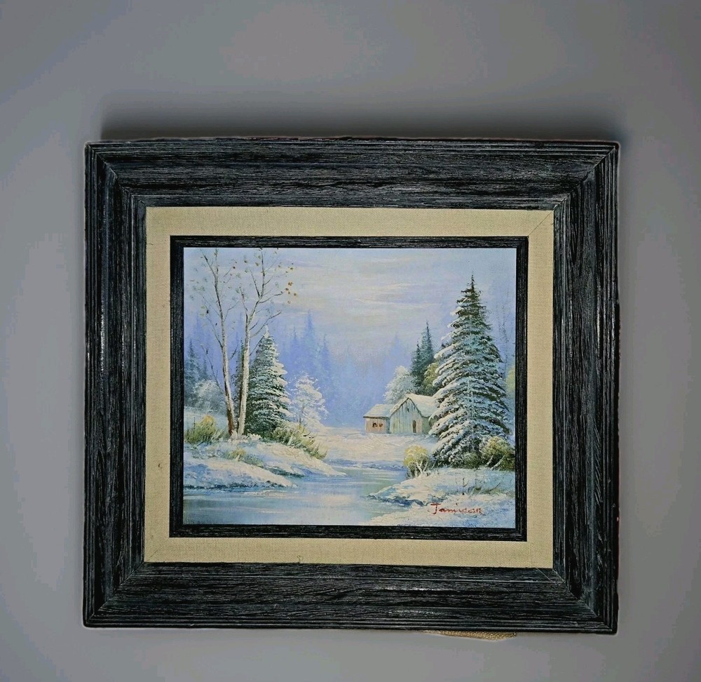 Vintage Winter Landscape Oil Painting Signed Jamison Snow Cabin Framed 18×18 ’75