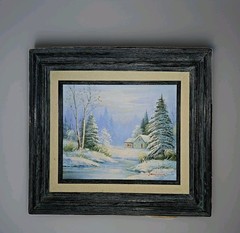 Vintage Winter Landscape Oil Painting Signed Jamison Snow Cabin Framed 18×18 ’75