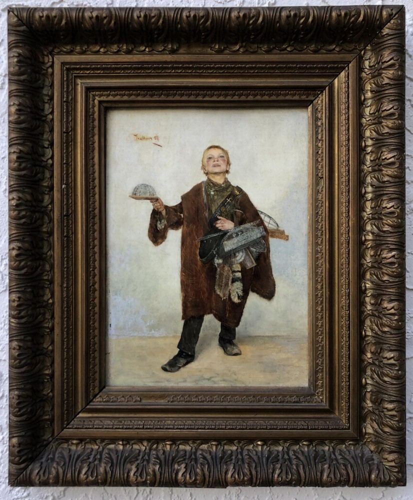 OIL ON PANEL European ~ THE MOUSE CATCHER ~ Dated 1887 Framed LISTED ARTIST