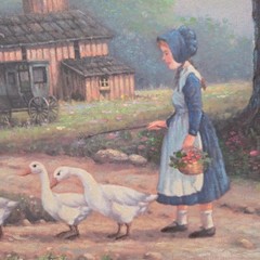 C Carson Oil Painting Farm Scene Barn Ducks Signed Gold Framed 29×26