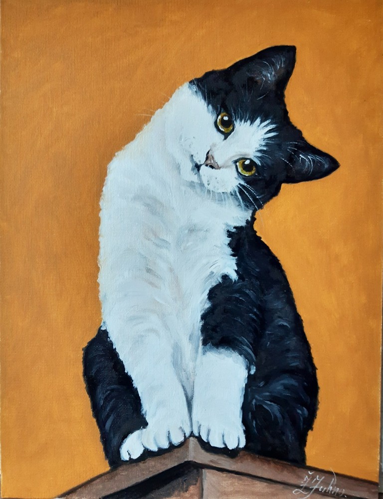 Black and White Cat Painting Cat Green Eyes Oil Artwork 12 x 9 Animal Art