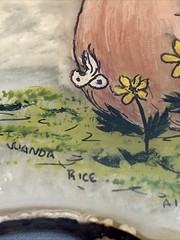 Vintage Signed Hand Painted Pig And Butterfly On Slice Of Agate Stone 1985