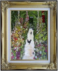 Framed Hand Painted Oil Painting, Klimt Garden Path with Chickens Repro, 12x16in