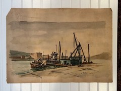 Vintage Watercolor ShipYard Landscape Painting 20″x11″ Art Size -22″x15.5″ Paper