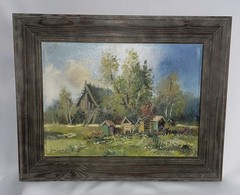 Framed Oil Painting On Canvas Rural Landscape W/ Cabins Artist Signed 13 1/2 /17