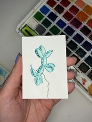 ACEO Original Watercolor Painting 2.5×3.5in -Aqua Balloon Dog – Mini Art