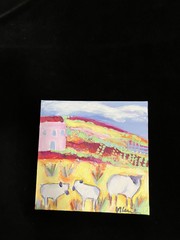 Southwest Sheep With Pink Farmhouse An Original Acrylic Painting 10”x10”