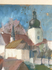 St. Nicholas in New Church Gouache Unsigned Circa 1920 Church City View Old