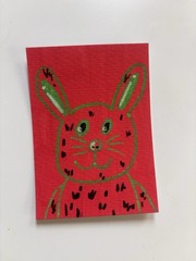 ACEO Watercolor Paper Acrylic Painting Original Mini Art ATC Title Green Rabit
