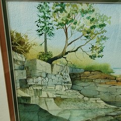 Vintage PA Artist Harry Bentz Signed Coastal Landscape Watercolor Painting 26×20