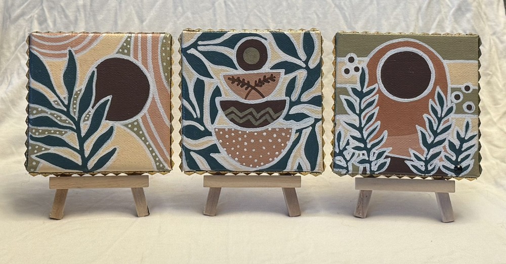 Acrylic Paintings (3), 4”x4” Canvases- Abstract Boho By Sara Jessup (SJessupArt)
