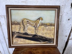 Original Oil on Canvas Board Leopard Painting wild Cat Framed 1990