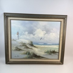 Vtg Framed Oil on Canvas Seascape Lighthouse Seagulls Painting Signed Winstin