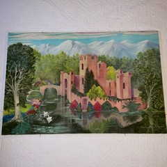Vintage 70s landscape pink castle original painting hand painted by Robins