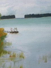 Vintage Acrylic Painting Landscape Cows Water 17”x 21” W / Frame 🌲💧🐮