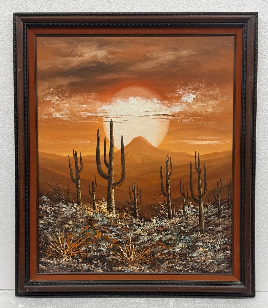Vintage MCM Southwest Sunset w/ Desert Cactus Signed Framed Art Painting