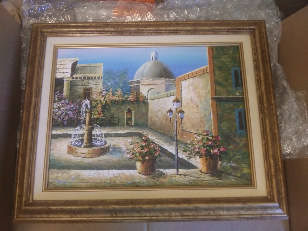 Oil on Canvas Signed P. Hunter Courtyard Fountain Approx 21×17 w/Frame