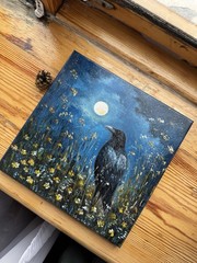 Raven Original Oil Painting Black Crow painting Crow Wall Art Bird Impasto Art