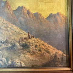 Antique Cowboy Western Mountain Scene Original Oil On Canvas Board Painting