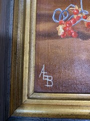 Original Oil Painting Still Life Wooden Frame Berries And Silver Urn