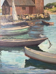 ETHEL BATHURST ROCKPORT HARBOR SEASCAPE IMPRESSIONIST ANTIQUE OIL PAINTING